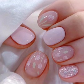 Vopintpy Purple Tulip Press on Nails Short Square Fake Nails Flower Glitter Acrylic Nails with Design Glossy Full Cover Glue on Nails Reusable Stick on Nails for Women DIY Charm Manicure