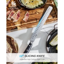 KYOKU 12" Slicing Knife, Samurai Series Brisket Knife for Meat Cutting with Pakkawood Handle, Japanese High Carbon Steel Meat Carving Knife for BBQ Brisket Turkey Ham Rib Roast Beef with Sheath & Case