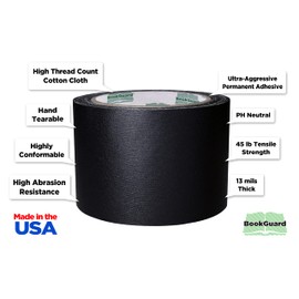 BookGuard 3 inch Premium Bookbinding Repair Cloth Tape, 15 Yard Roll, Black