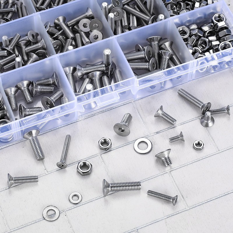 Countersunk Screws and Nuts and Washers Set, 600 Pieces M3