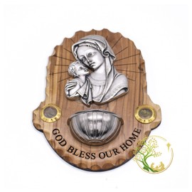 Olive Wood Holy Water Font for Wall | Virgin Mary & Baby Jesus Plaque | God Bless Out Home Sacred Holy Water Vessel from the Holy Land