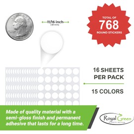 Royal Green Kids Colored Round Dots Sticker 5/8 inch (0.69) 17mm - 15 Colors - 16 Sheets - Art, Crafts, Fun and Games - 768 Pack