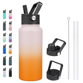 BJPKPK Insulated Water Bottles with Straw Lid, 32oz Metal Large Water Bottle with 3 Lids, Reusable Leak Proof BPA Free Thermos, Stainless Steel Canteen Water Bottle for Sports, Gym & Travel-Coral