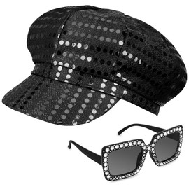 Yotako 2Pcs Glitter Abba Hat Black Abba Accessories Women with Sequins Hat Bling Sunglasses Disco Costume Set Abba Fancy Dress Costume Accessories for Women Theme Party Birthday Dance