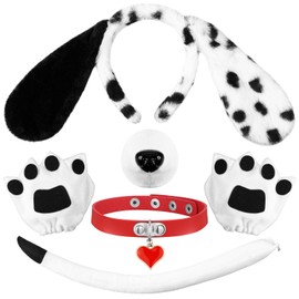 Maiteenly 5 Piezas Disfraz de Halloween Diadema con Orejas Largas de Perro Dálmata Nariz Cola Guantes con Forma de Pata Cadena de Clavícula para Mujer Cosplay de Animales Accesorios para Fiesta