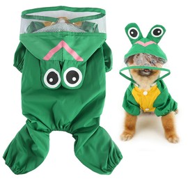 SMALLLEE_LUCKY_STORE Cute Frog Raincoat for Small Dogs with Hoood Leash D-ring Puppy Botton Down Rain Jacket Full Boby 4 leg Jumpsuit Lightweight Waterproof Clothes,Green XS