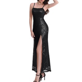 Timathous Women's Bodycon Spaghetti Straps Sequin Slit Maxi Dress Sparkly Glitter Club Party Dresses (201-Black-S)