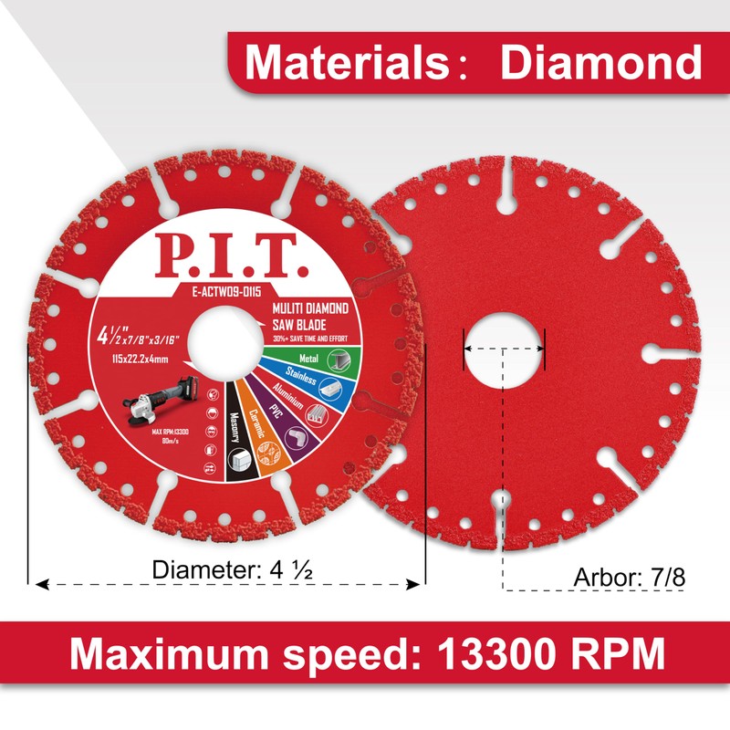 P.I.T. 3-Pack 4-1/2" Vacuum Brazed Diamond Cutting Disc, 7/8" Arbor