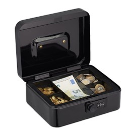 Relaxdays Cash Box, 3-Digit Number Combination, Coin Insert, Iron Cash Box, H x W x D: 8.5 x 20 x 17 cm, Black