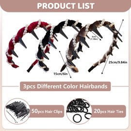 3Pcs Vintage High Cranium Artificial Pearl Hairband, 2025 New Elegant Pearl Headbands with 50 HairClips 20 HairTies, Zig Zag Headband with Teeth Hoop, Decorative Hair Bands for Women Girls
