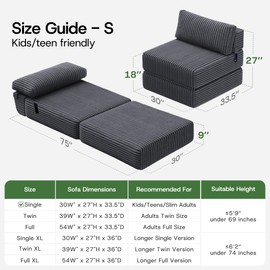 Folding Sofa Bed Convertible 4 in 1 Sleeper Chair Gray Single