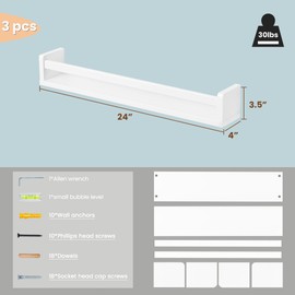 Heimlove Nursery Floating Shelves, White Nursery Book Shelves for Wall, 24 inch Wall Bookshelf for Kids Solid Wood Wall Mounted Shelves for Books,Toys and Decor Storage, Set of 3