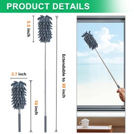 2 Pack Microfiber Duster for Cleaning, Washable Dusters, Extendable Pole, Up to 30 Inch Reachable, Wet and Dry Use Cleaning Tools for Car, Ceiling Fan, Window, Furniture, Office