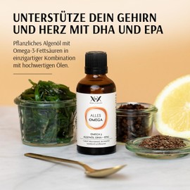 XbyX Alles Omega 50 ml, Vegan Omega-3 Oil with Algae Oil & Ahiflower, 500 mg DHA & 250 mg EPA per Serving, Iodine-Free, No Added Sugar, 20 Servings, From Germany