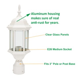LIT-PaTH Outdoor Post Lighting Fixture Pole Lantern, E26 Medium Base Max 60W, Aluminum Housing Plus Glass, 1-Pack, White Finish