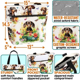 84hoods Large Waterproof Tote Bag with Pockets and Zipper for Work. Gift for Dachshund Lovers Owners. Shoulder Bag for Women. Aesthetic 15 inch Bag. Flowers Garden.