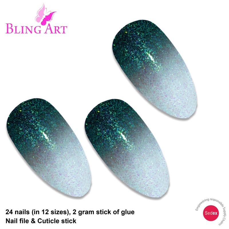 False Nails Bling Art Grey White Gel Ombre Almond Stilett