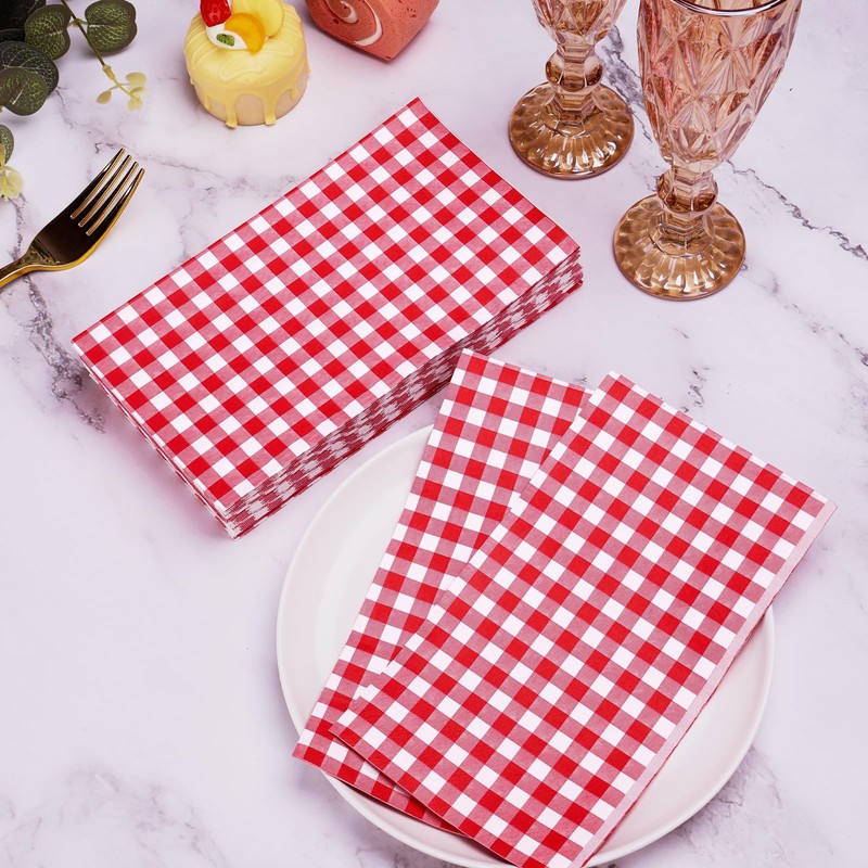100 Pcs Red Gingham Napkins Disposable - Red and White