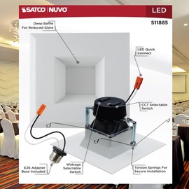 Satco S11885 5-6" Square LED Downlight Retrofit, Deep Baffle, 8W/10.5W/13.5W, 5CCT (2700K-5000K), Dimmable, 120V, 800-1200 Lumens, Wet Rated, Energy Star, White Trim, Title 24 (2 Pack)