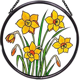Decorative Hand Painted Stained Glass Window Sun Catcher/Roundel in a Daffodils Design.