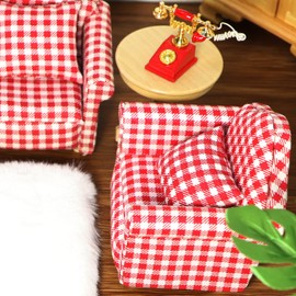 Dollhouse Couch with Pillow 1 12 Scale Miniature Sofa Arm Chair Living Room Furniture Wooden Fabric Frame Single Reading Chair Artificial House Room Scene Decoration (Plaid)