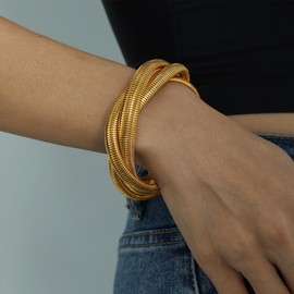 A D. ALLEN & DANMI. 18 K Gold Plated Chunky Titanium Bracelet Stack, Flexible Wide Wristband Bangle Layered Snake Chain Bracelet for Women£¨Twisty£©