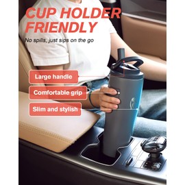 Coolflask 32 oz Insulated Water Bottle, Slim Tumblers with Straw Lid & Handle, Fits Car Cup Holder, Stainless Steel Thermo Flask for Sports, Gym, Travel, Office, Dishwasher Safe, Grey
