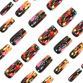 Black Press on Nails Medium Length Fake Nails Coffin Acrylic Nails Glossy False Nails with Colorful Ink Designs Full Cover Glue on Nails Reusable Artificial Nails for Women Girls 24PCS