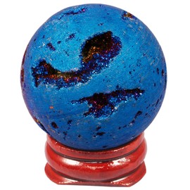 Nupuyai Titanium Coated Druzy Geode Agate Sphere with Wood Stand, Healing Energy Power Crystal Quartz Ball for Home Office Decoration, Dark Blue 1.57in*1.57in