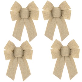 anshome 4pcs Burlap Bow for Wreath, Farmhouse Burlap Fabric Wreath Bow for Front Door Decor Linen Tree Topper Ornament Decorative Bow for Birthday Wedding Holiday Party Decorations