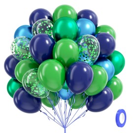 60 globos azules y verdes de 12 pulgadas con globos de confeti azul marino y verde metálico para decoración de dinosaurios, graduación, baby shower, fiesta de cumpleaños