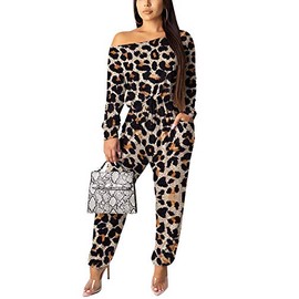 Women One Shoulder Jumpsuit - Casual Fall Long Sleeve Loose One Piece Pants Suit Set Club Outfit Leopard S