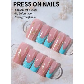 24 pcs Manicure Long Medium Short Set Press On Nails square Almond Shape 3D Glitter Design For Women Daily Wear With Nail File Jelly Glue Nail Supplies (Pink/Blue, Medium)