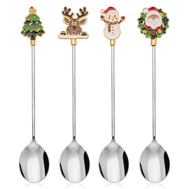 Christmas Coffee Spoons,4 Pieces Christmas Spoons Xmas Stainless Steel Dessert Tea Spoons with Christmas Pendants Christmas Tree Elk Snowman Santa Claus for Tea Soup Dessert,Gift Box Packing Silver