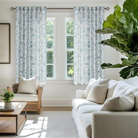 Blue Floral Short Curtains 45 Inch Length for Kitchen Dining Room Back Tab Farmhouse Light Filtering Blue Pattern Print on Cream White Small Linen Cafe Curtain Panel Vintage Farmhouse Room Decor