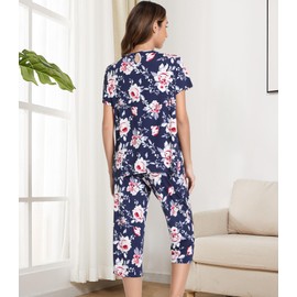 NACHILA Pajamas for Women-Viscose Made from Bamboo,Short Sleeve Sleepwear Cooling Pjs Top Ladies Soft Capri Pants Pajama Sets Navy blue Peony XL