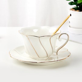 DUJUST 3 pcs Porcelain Tea Cup and Saucer Set with Tea Spoon, Luxury British Style Tea/Coffee Cup Set with Golden Trim, Beautiful Tea Set for Living Room Decoration & Tea Party
