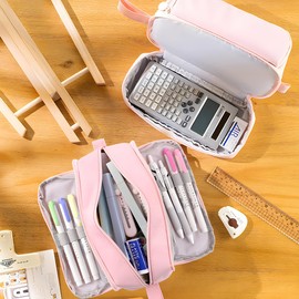 MAMUNU Pencil Case with Large Capacity Pencil Case 3 Compartments for Boys Girls Portable Pencil Case School for Students Adults Women School & Office Makeup, Pink, Cosmetic bag