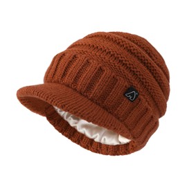 Hat Hut Beanie Hats for Women Men Satin Lined Winter Hats for Women Slouchy Beanies Satin Lined Beanie with Brim Visor (Dark Orange)