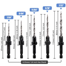 Mesee 5 Piece Countersink Drill Bit Set, High-Speed Steel Drill Set, 1/4 Inch Hex Shank HSS Drill, Reamer Core Drill with Allen Key for Wood Drilling, Plastic, Soft Metal Plastic