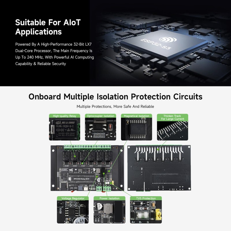 Waveshare Industrial 6-Channel RP2350 Relay Module, Onboard RS485 / Pico