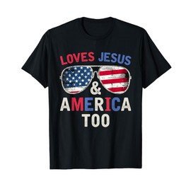Loves Jesus and America Too Retro God Christian 4th of July T-Shirt