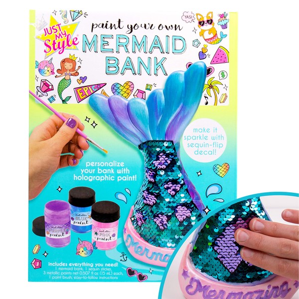 Just My Style Paint Your Own Mermaid Bank by Horizon Group USA. Paint & Decorate Your Own Coin Bank with Color Changing Sequin Decal & Metallic Holographic Paints