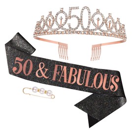 AhlsenL 50th Birthday Crown Women Birthday Sash, Rhinestone Tiara Crown 50 & Fabulous 50th Birthday Decoration (Rose Gold)