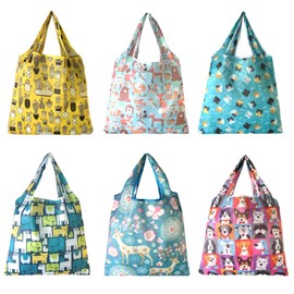 FulSurgus 6 Pack Reusable Shopping Bags, Large 50LBS Foldable Grocery Bags, Machine Washable Groceries Bags Nylon Fabric Storage Bags Animal