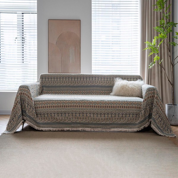DREAMINGO Blue Geometric Boho Couch Cover for 3 Cushion Couch