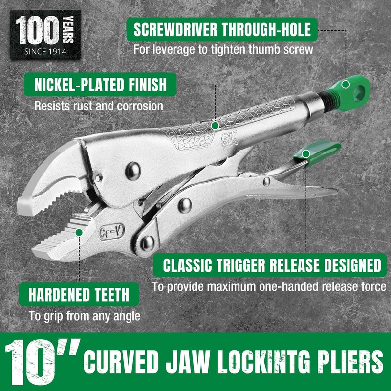 SK 10" Curved Jaw Locking Pliers, Premium CR-V Construction, Ergonomic