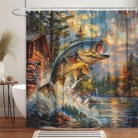 Rustic Cabin Shower Curtain, Country Lodge Bass Fish Lake Fishing Shower Curtain Set, Funny RV Farmhouse Hunting Camp Forest Nature Art Fisherman Shower curtain for Bathroom with 12PCS Hooks,70X84IN