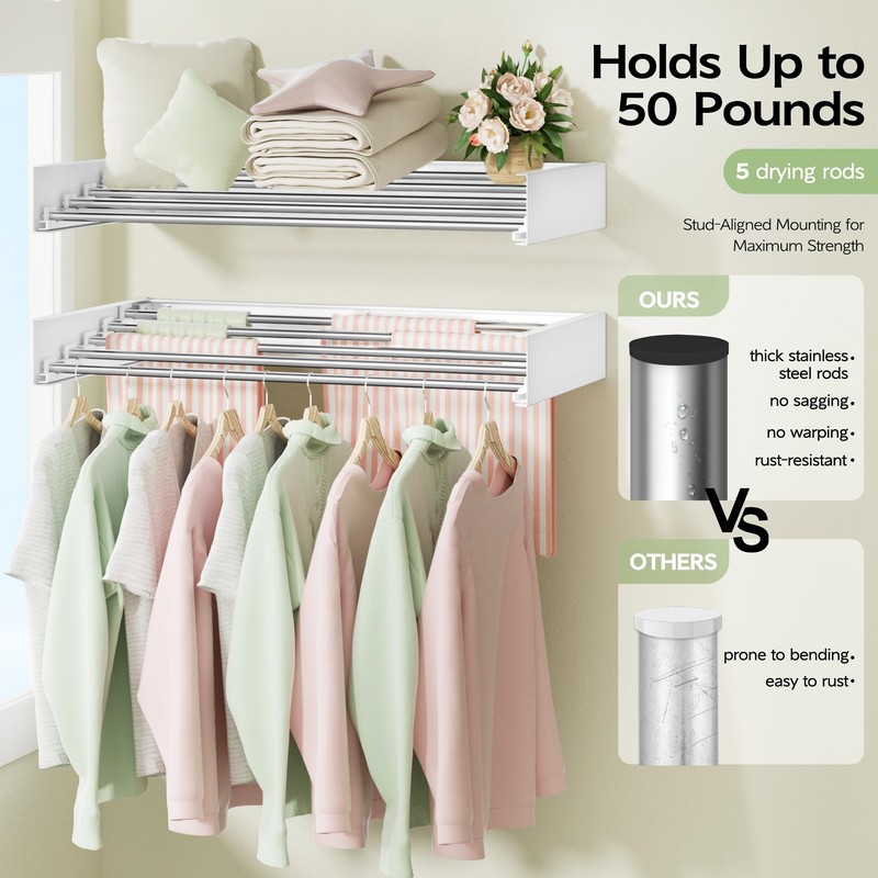 Vikaqi Wall Mounted Clothes Drying Rack 32", Foldable Wall Mount