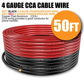 Fuzbaxy 4 Gauge Wire (25 Feet Black+25 Feet Red) Copper Clad Aluminum CCA - Primary Automotive Power Inverter Wire,20PCS Lugs Terminal Connectors,20PCS Heat Shrink Tubing with 100A ANL Fuse